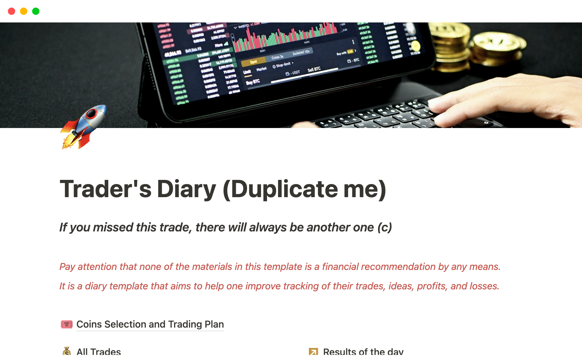 A template preview for Trader's Diary (+Scalping)