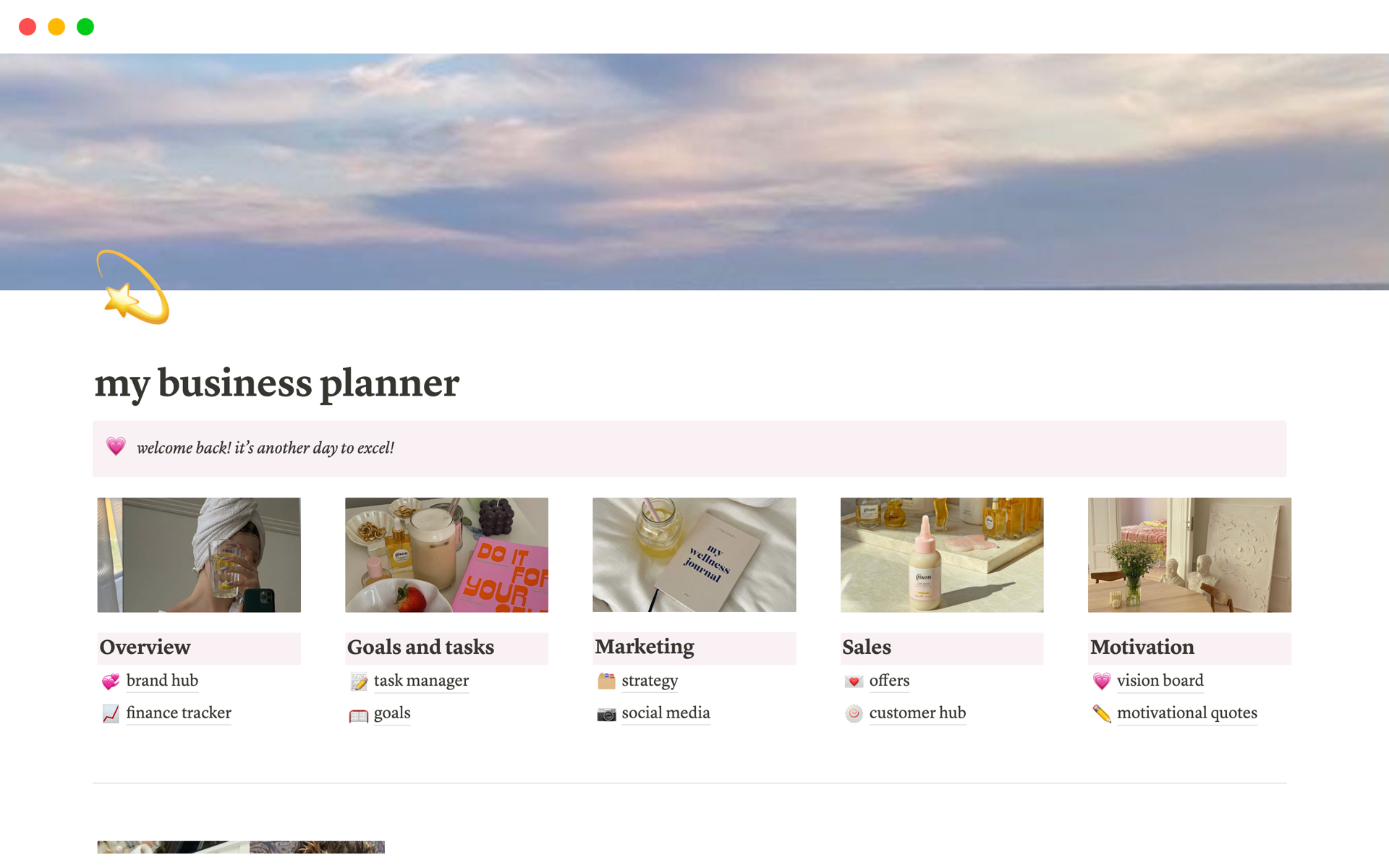 A template preview for Aesthetic business planner template 💗💫