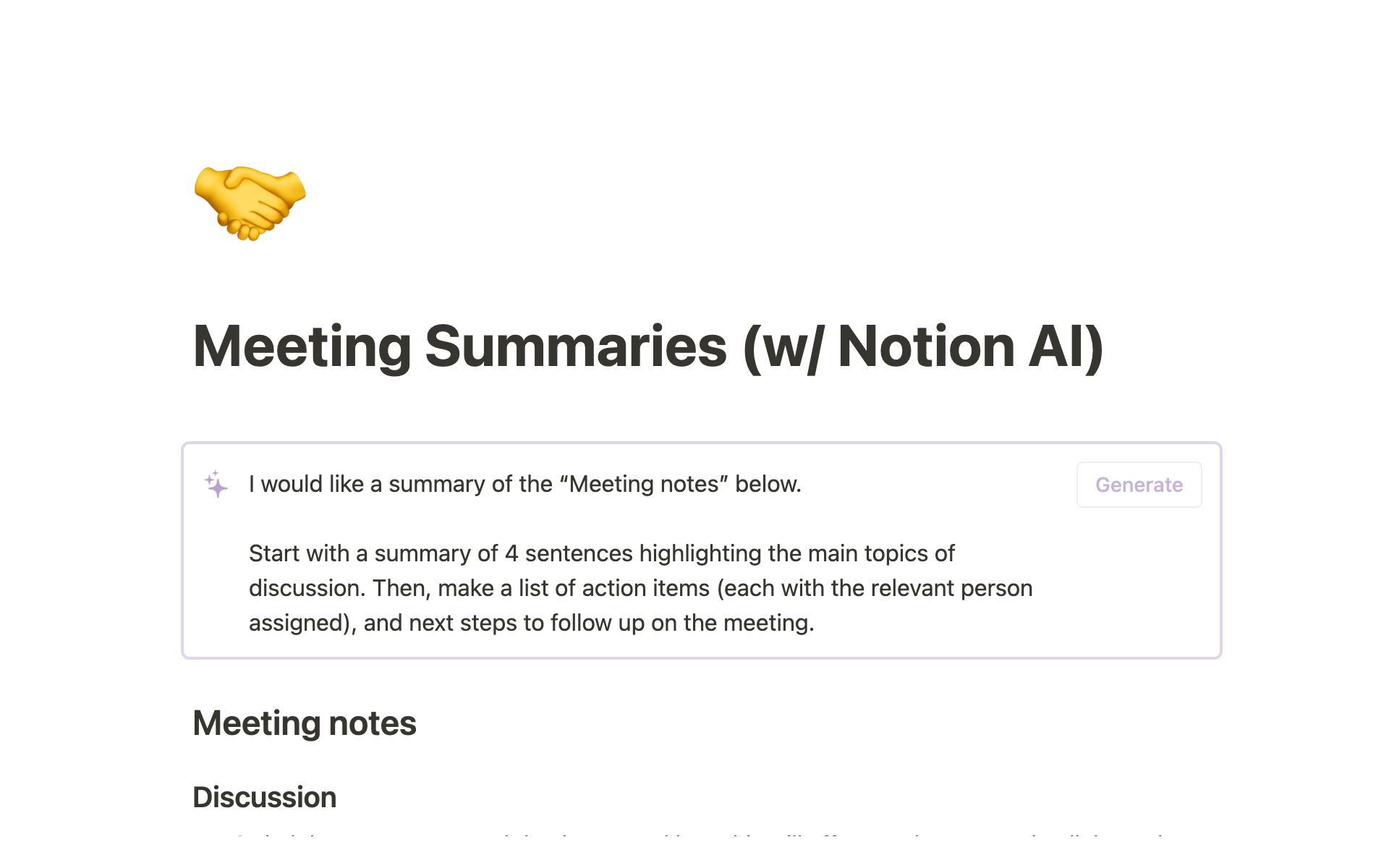 A template preview for Meeting Summaries (w/ Notion AI)