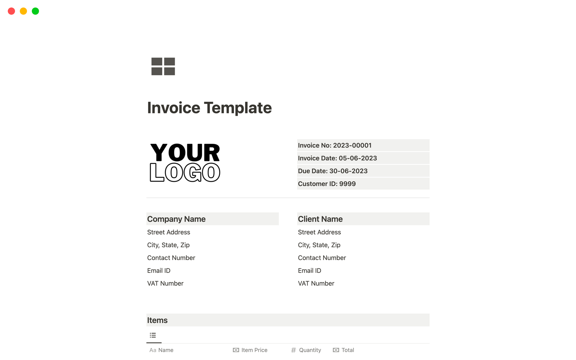 A template preview for Invoice Template