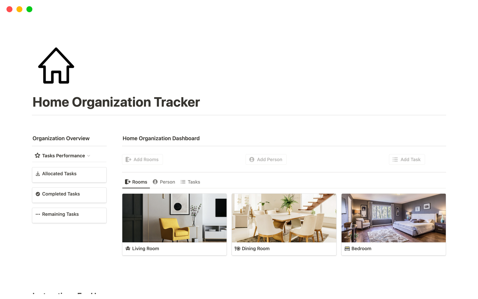 A template preview for Home Organization Tracker