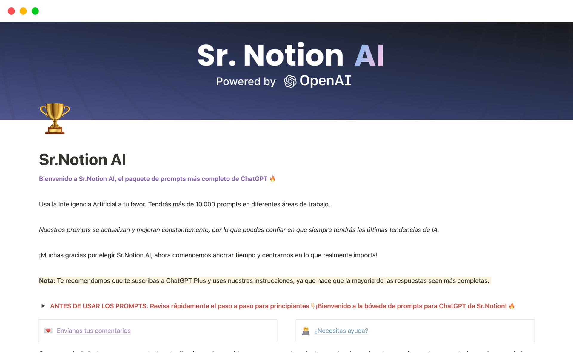 A template preview for Sr.Notion AI + 10.000 Prompts