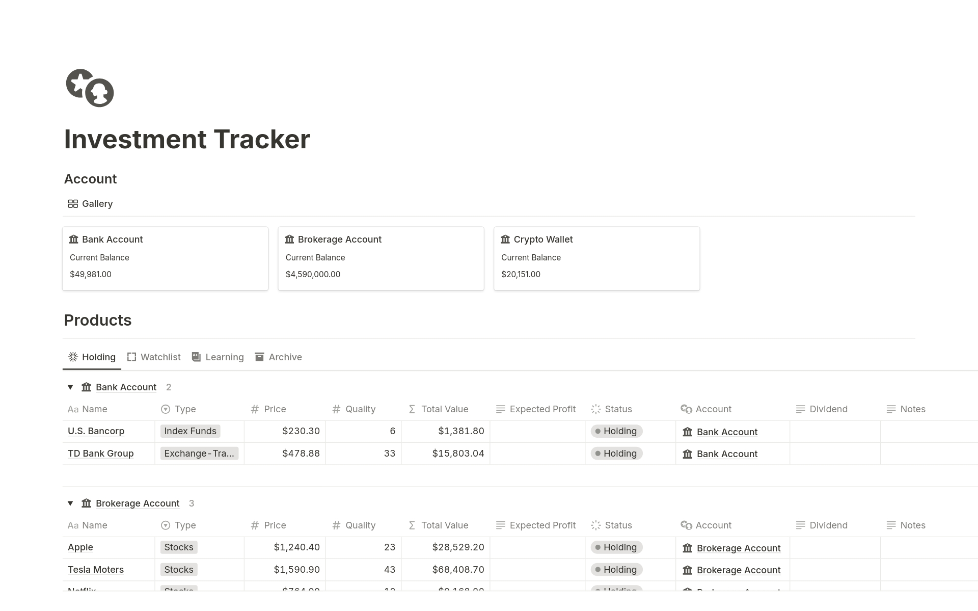A template preview for Investment Tracker
