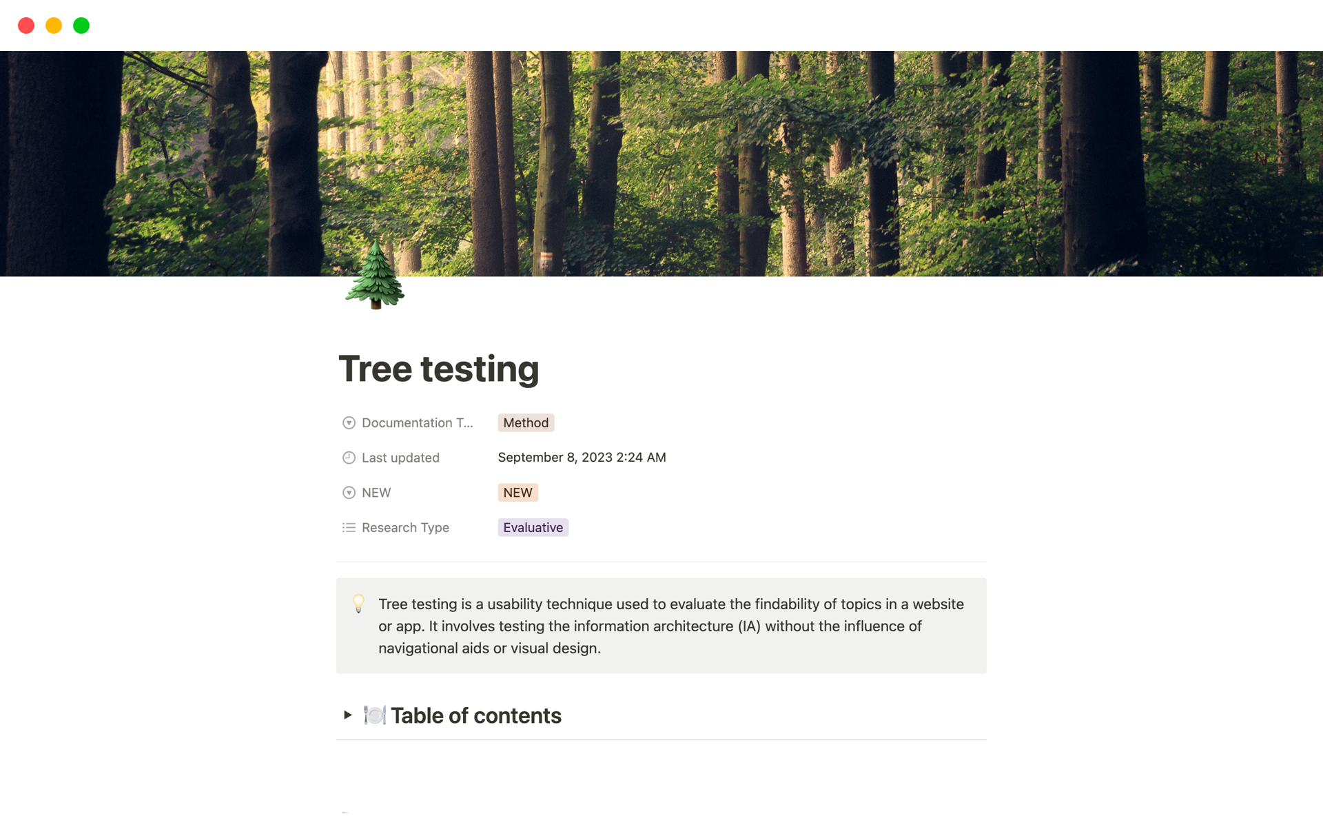 A template preview for Tree testing for UX Research