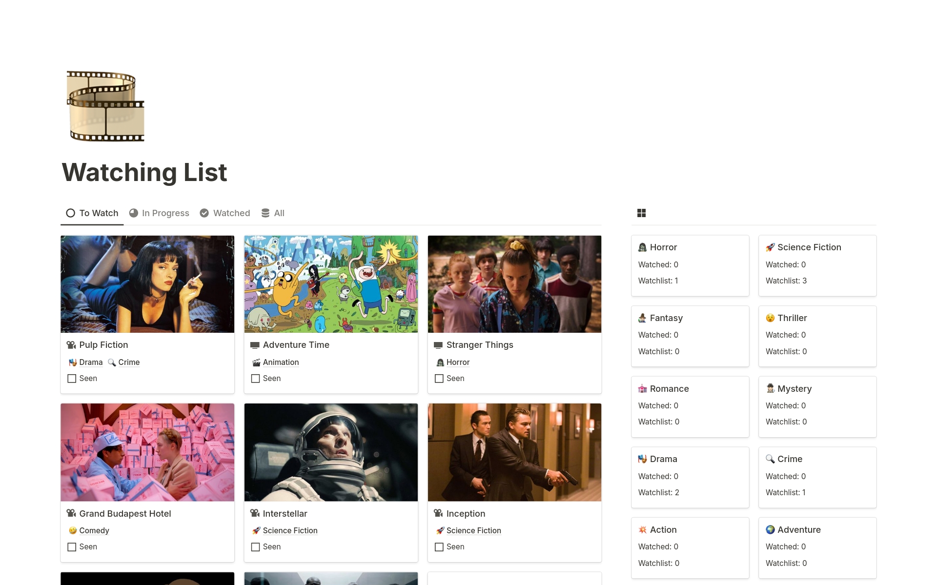 A simple template to track and organize your watching list by progress and genre.