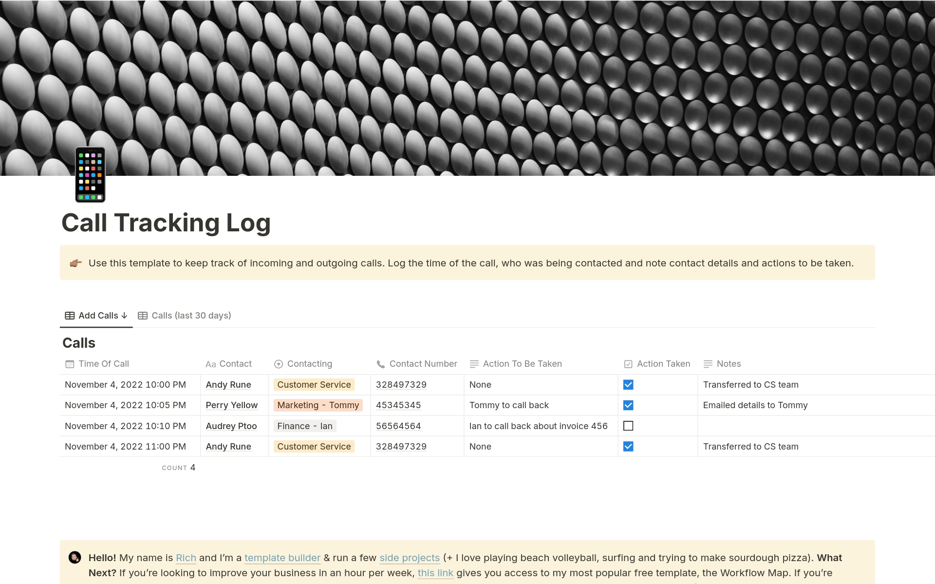 Vista previa de plantilla para Call Tracking Log