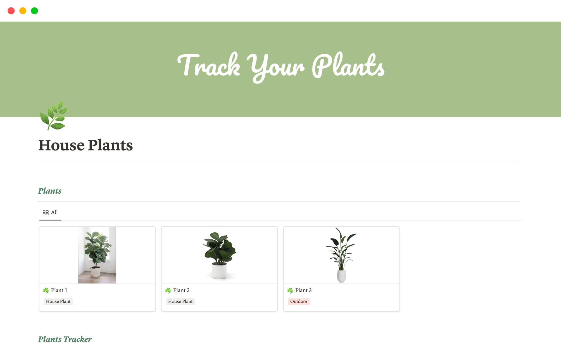 A template preview for House Plants Tracker
