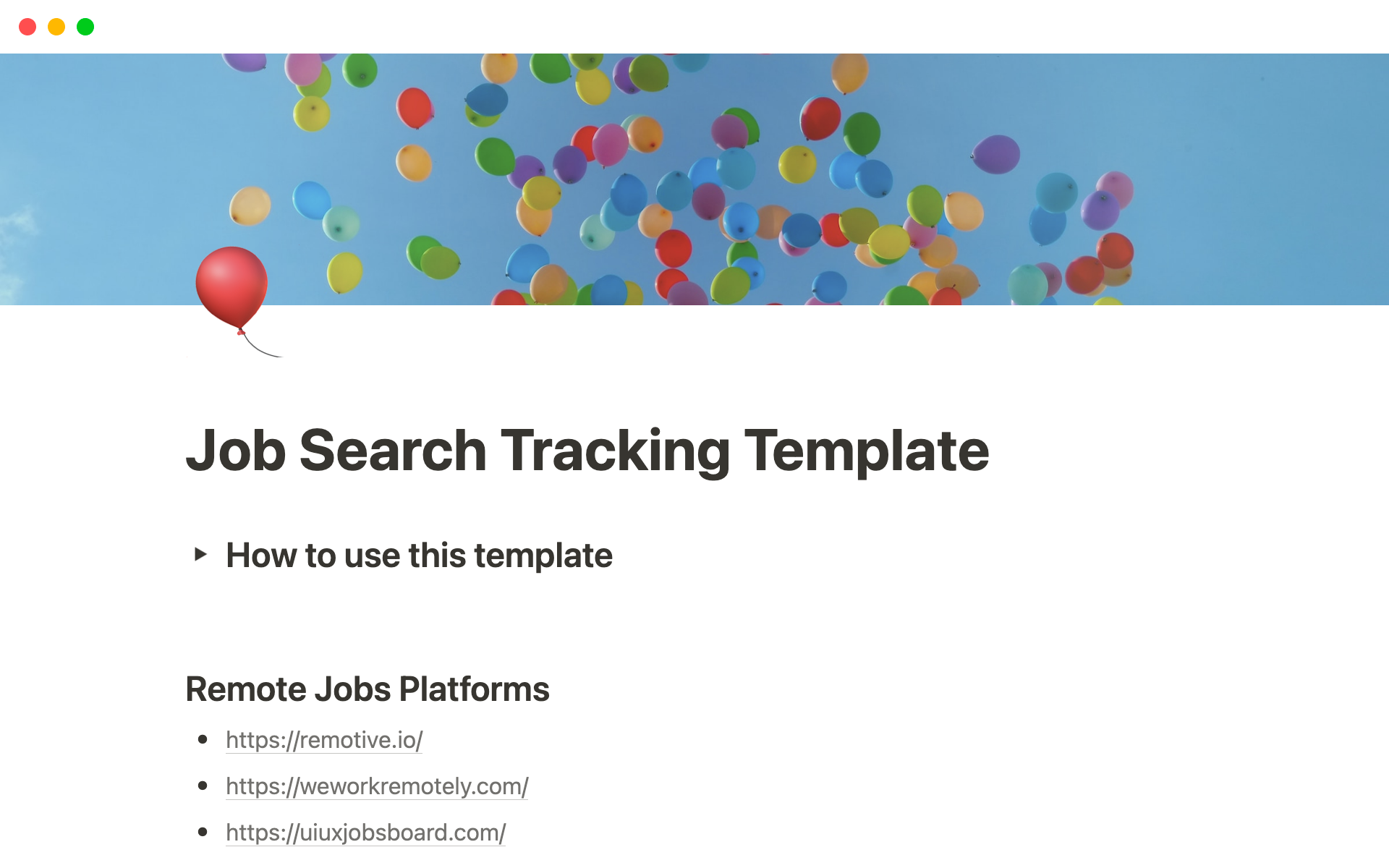 Uma prévia do modelo para Job Search Tracking Template