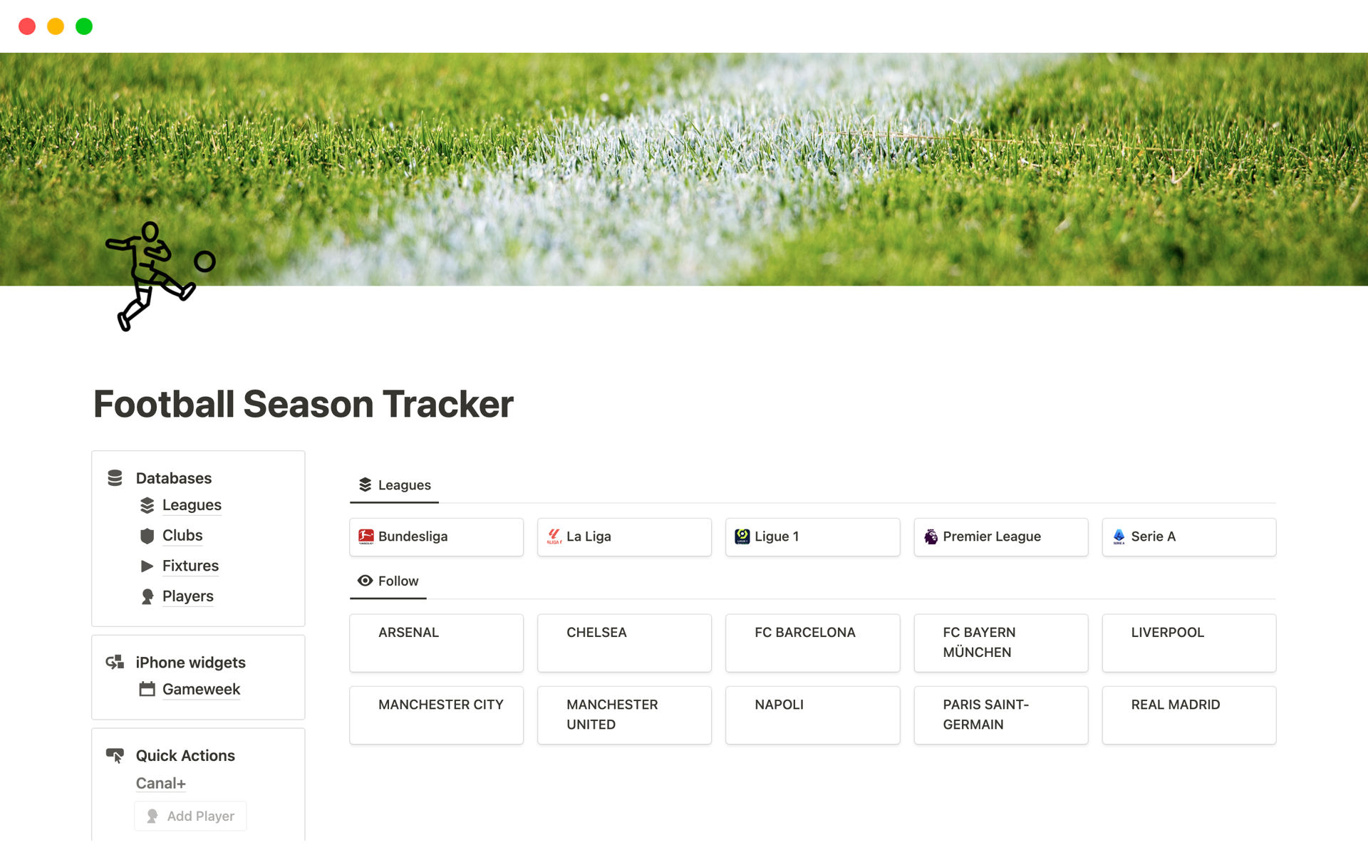 A template preview for Football Season Tracker