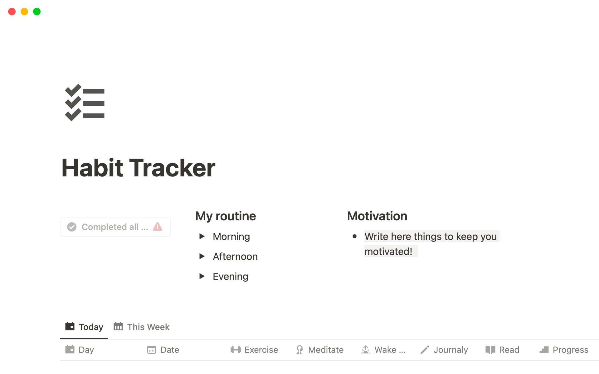 Uma prévia do modelo para Habit Tracker Template Notion