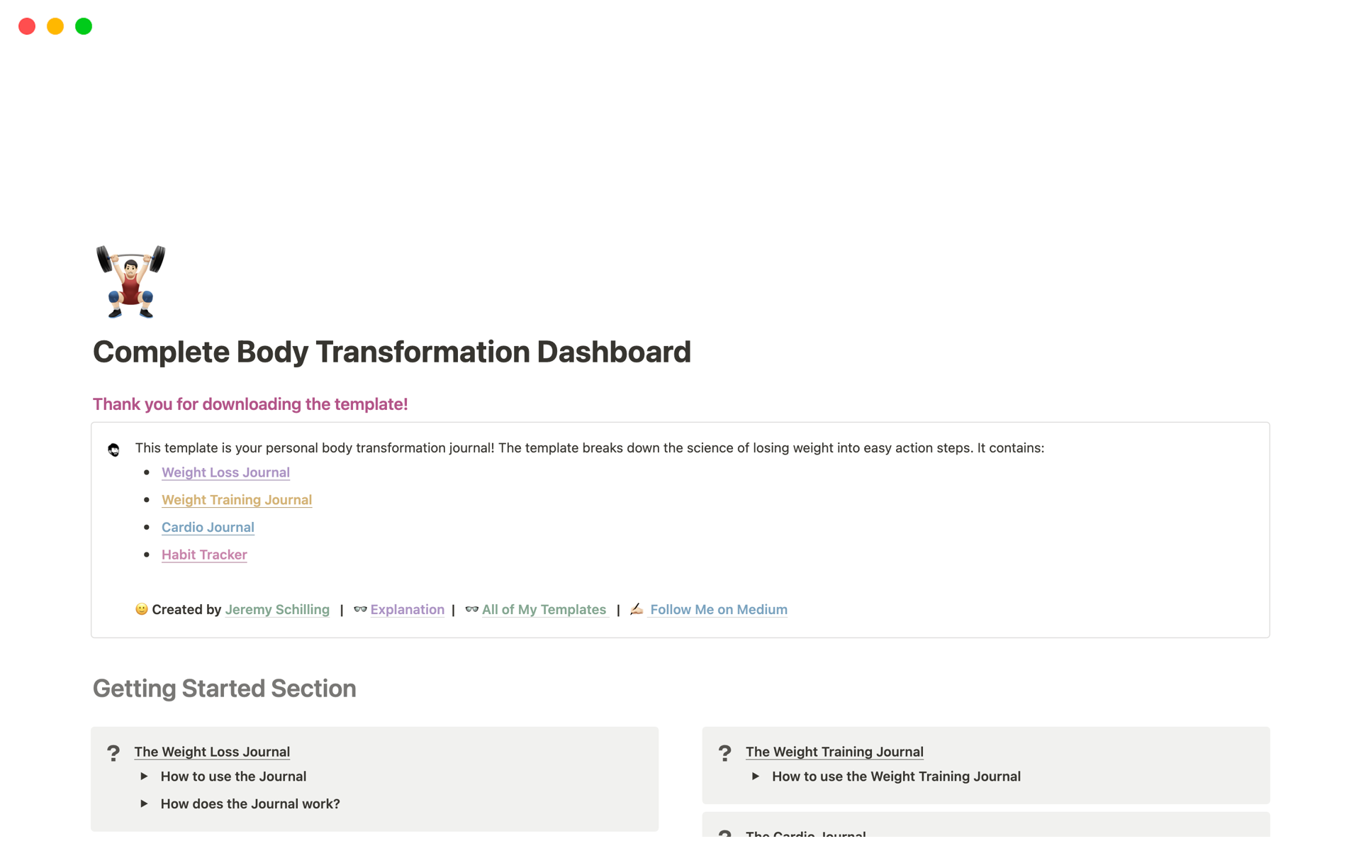 Eine Vorlagenvorschau für Complete Body Transformation Dashboard