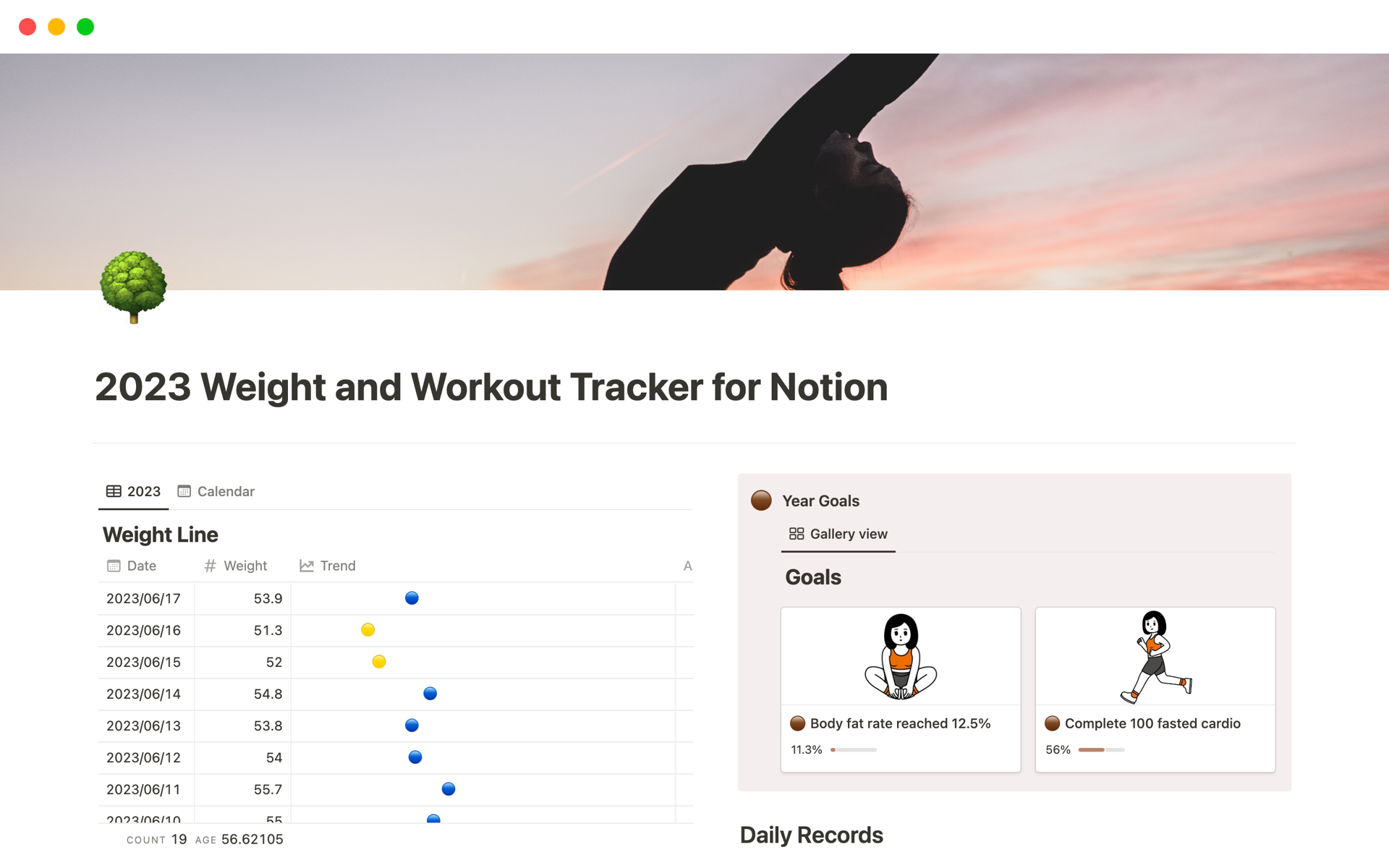 A template preview for 2023 Weight and Workout Tracker for Notion