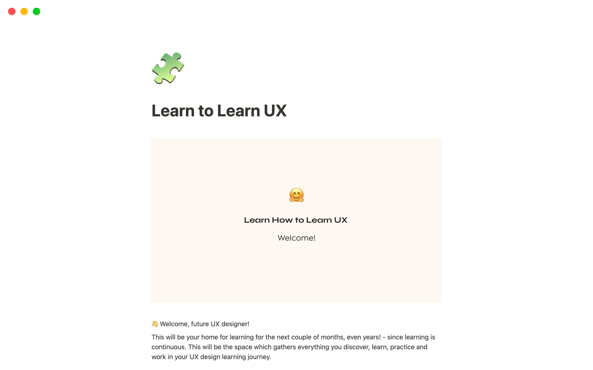 En forhåndsvisning av mal for Learn to Learn UX