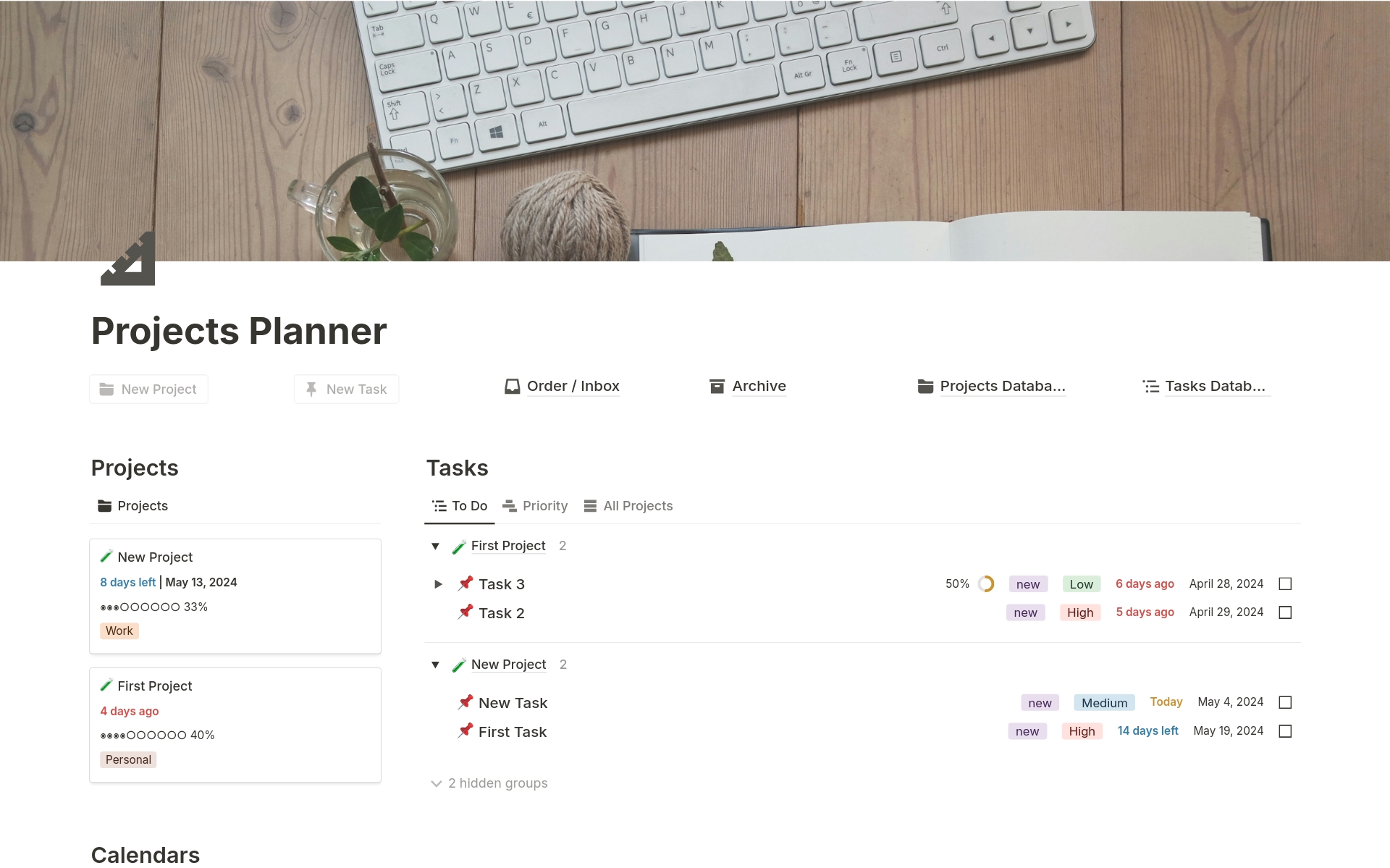 A template preview for Projects Planner