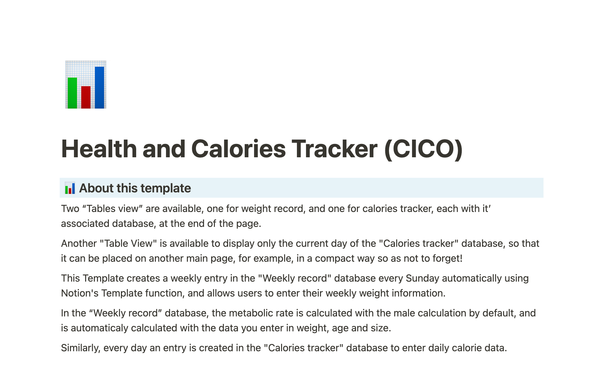A template preview for Health and Calories Tracker (CICO)