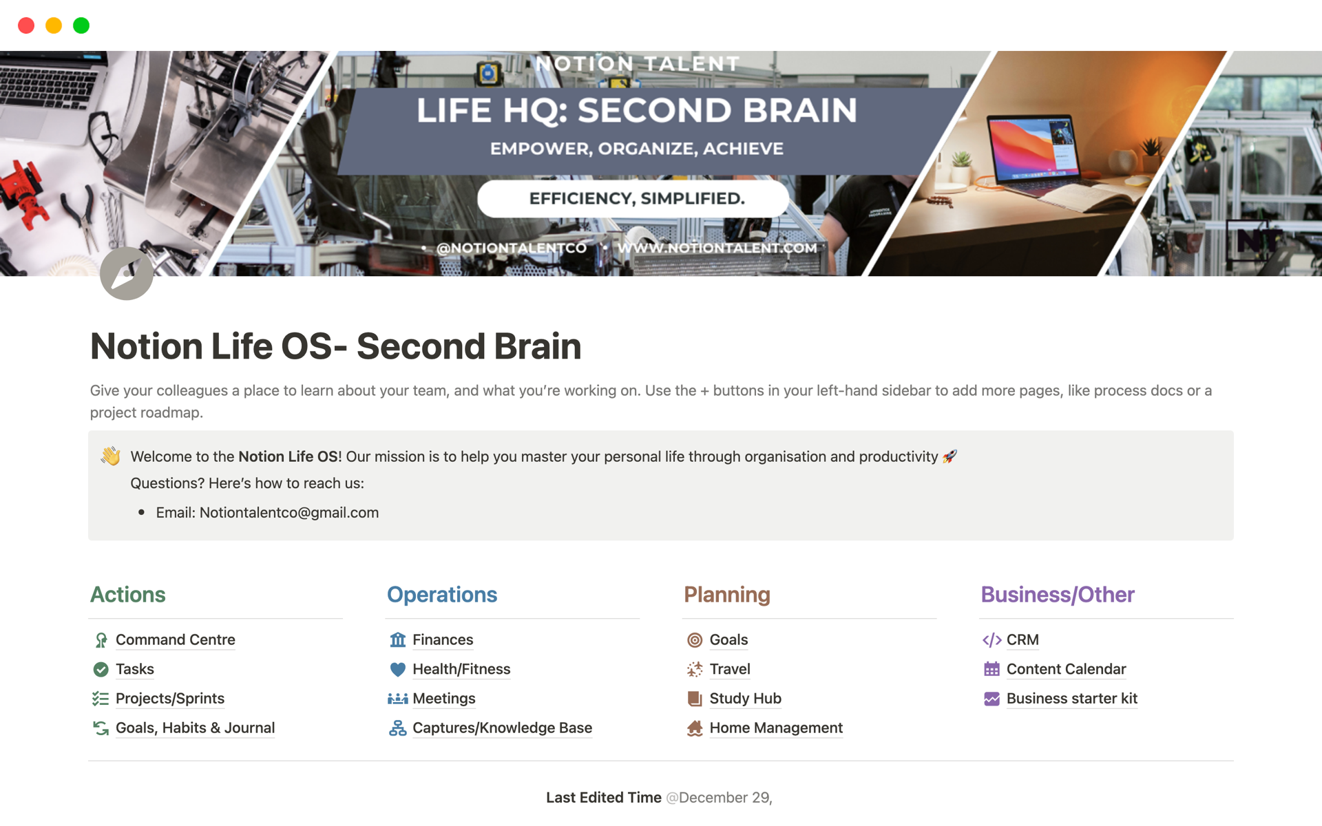Aperçu du modèle de Life OS - Second Brain 
