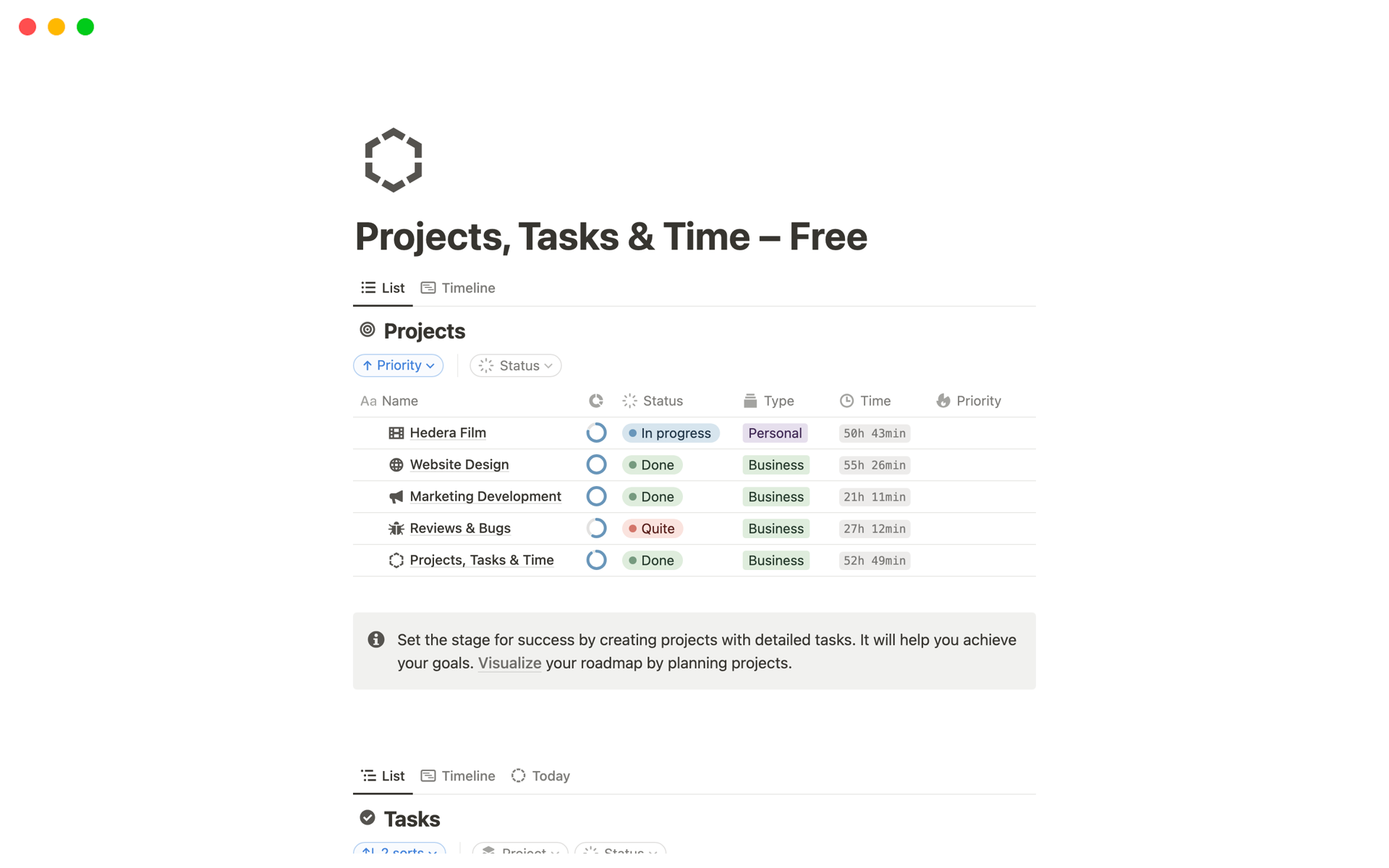 A template preview for Projects, Tasks & Time