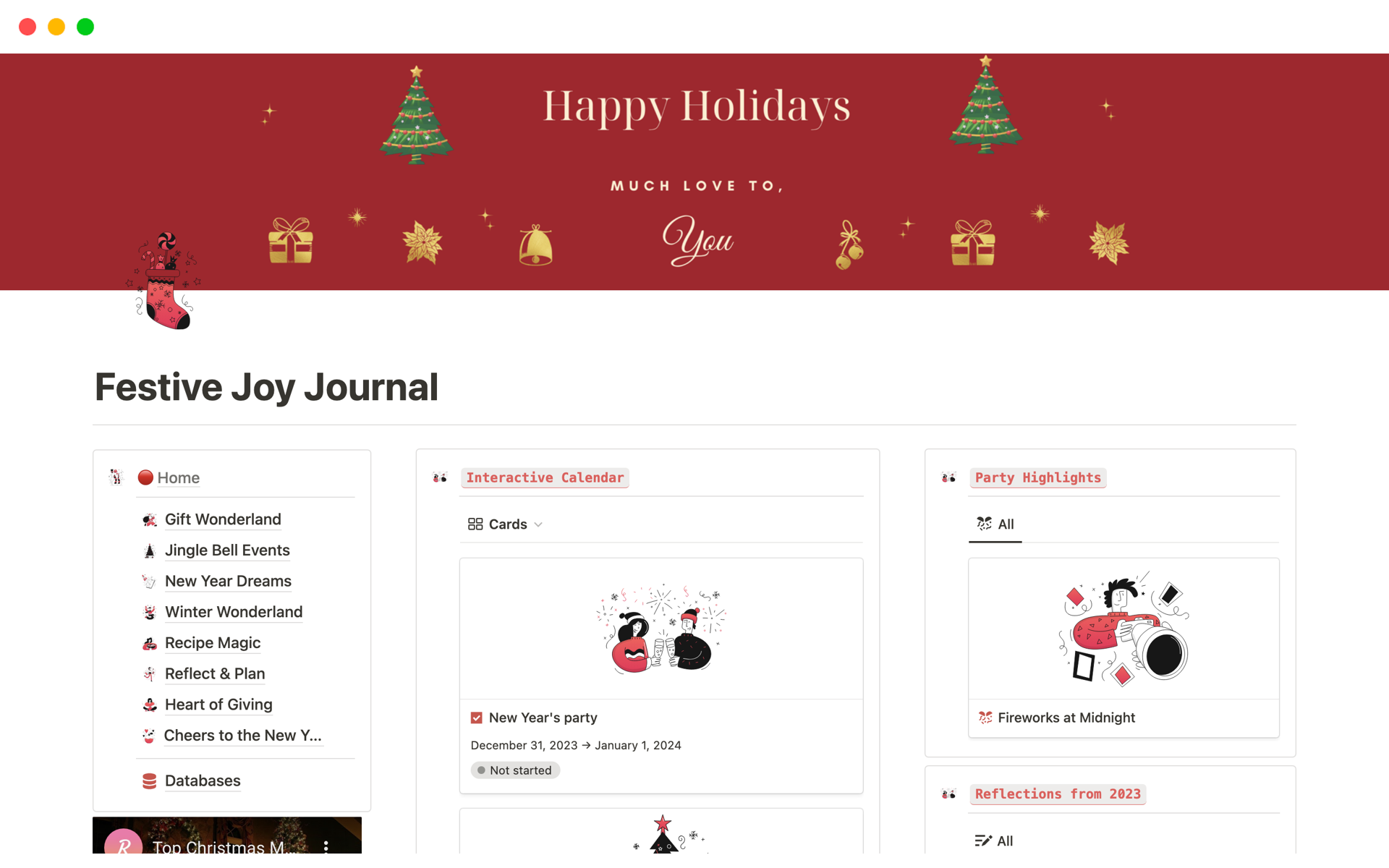 Capture the festive spirit with the 'Festive Joy Journal' Notion template – your all-in-one organizer for holiday events, resolutions, recipes, and charitable giving.