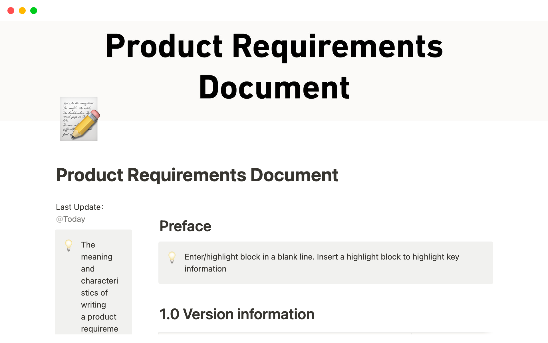 Uma prévia do modelo para Product Requirements Document