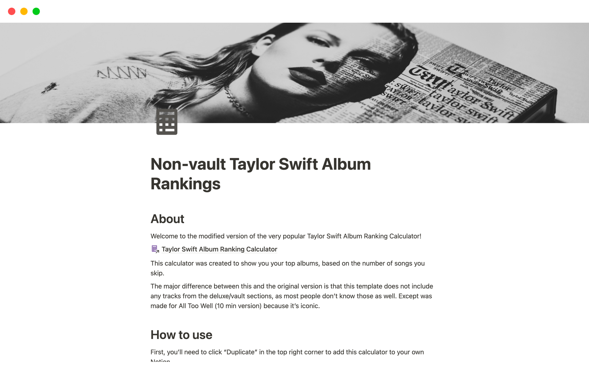 Vista previa de una plantilla para Non-vault Taylor Swift Rankings