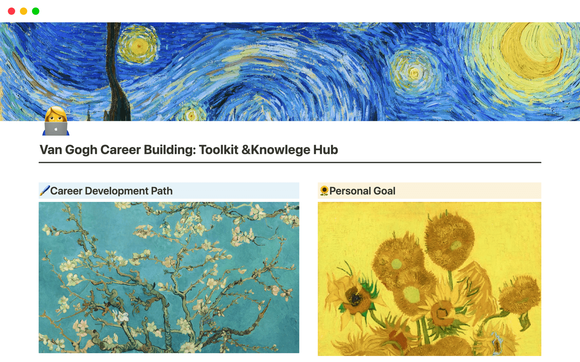 A template preview for Van Gogh Career Building: Toolkit & Knowlege Hub