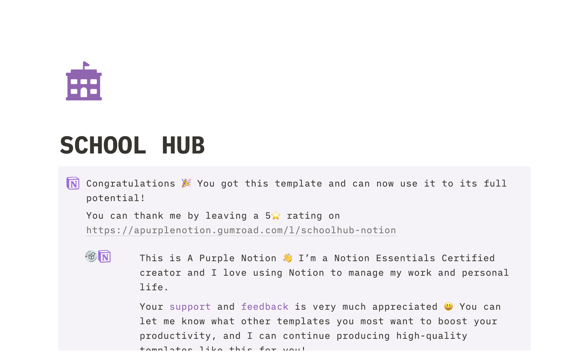 A template preview for Notion School Hub