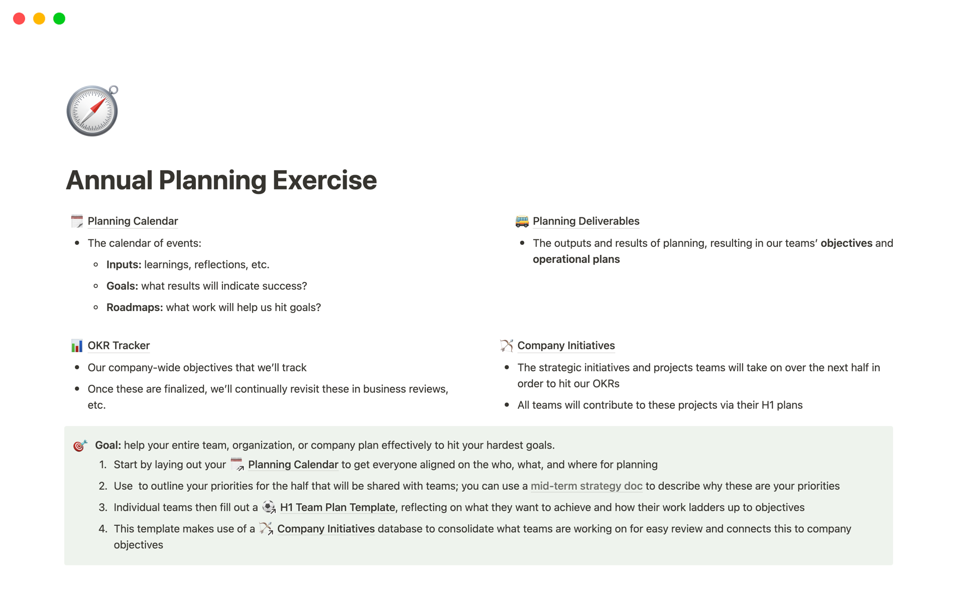 An extensive document that helps you execute and organize the outcomes of your annual planning.