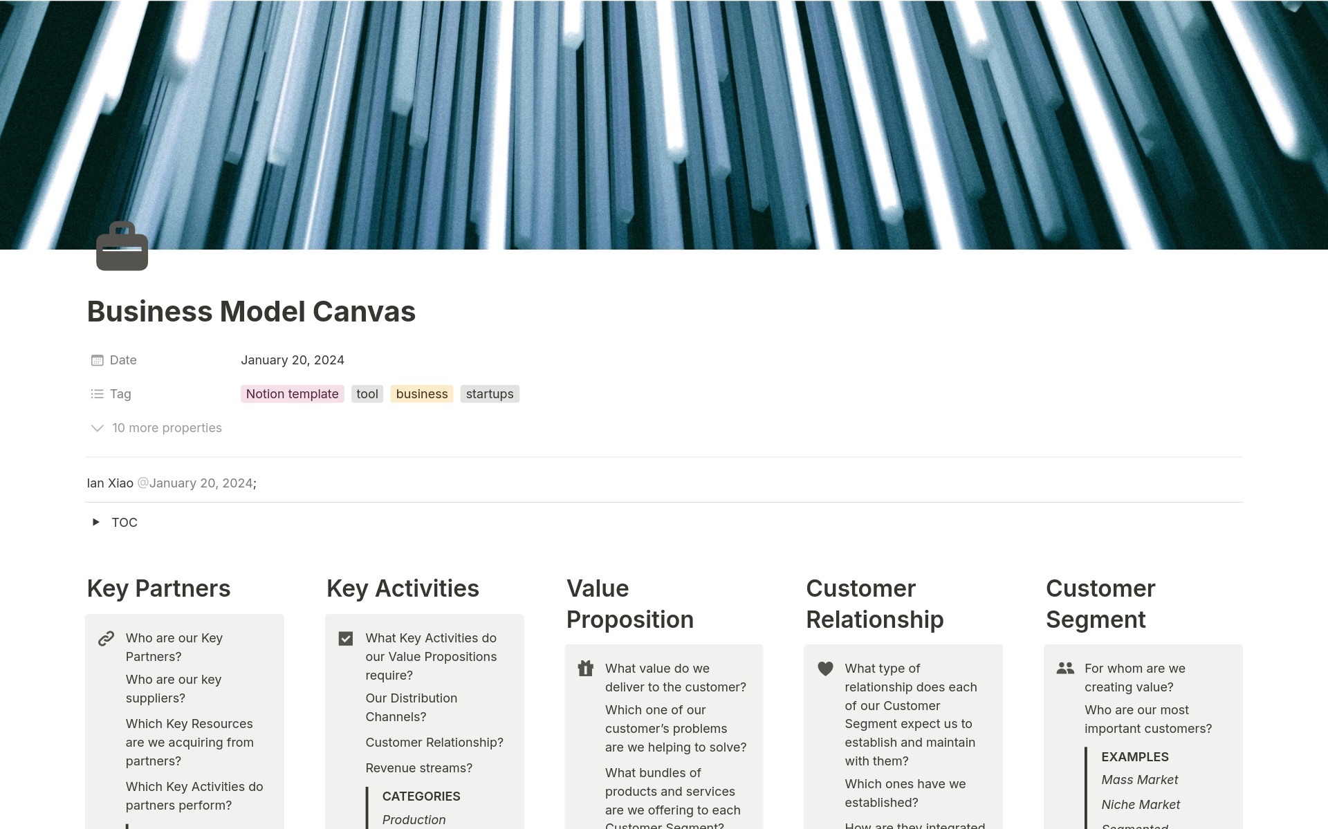 Business Model Canvas implemented with Notion that includes Key Partners, Key Activities, Key Resources, Value Proposition, Customer Relationship, Channels, Customer Segment, Cost Structure, Revenue Streams