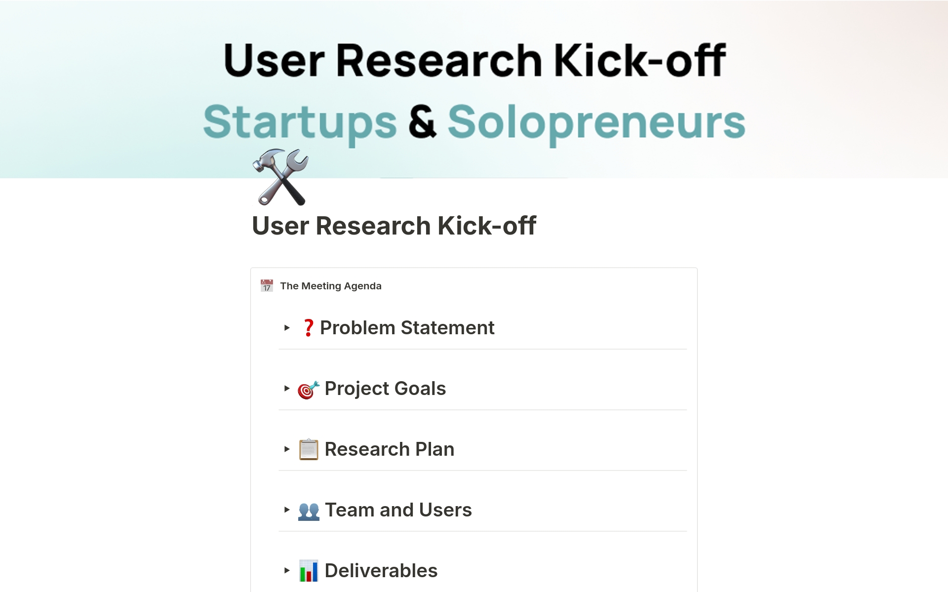 Uma prévia do modelo para User Research Kick-off for Startups & Solo Pros