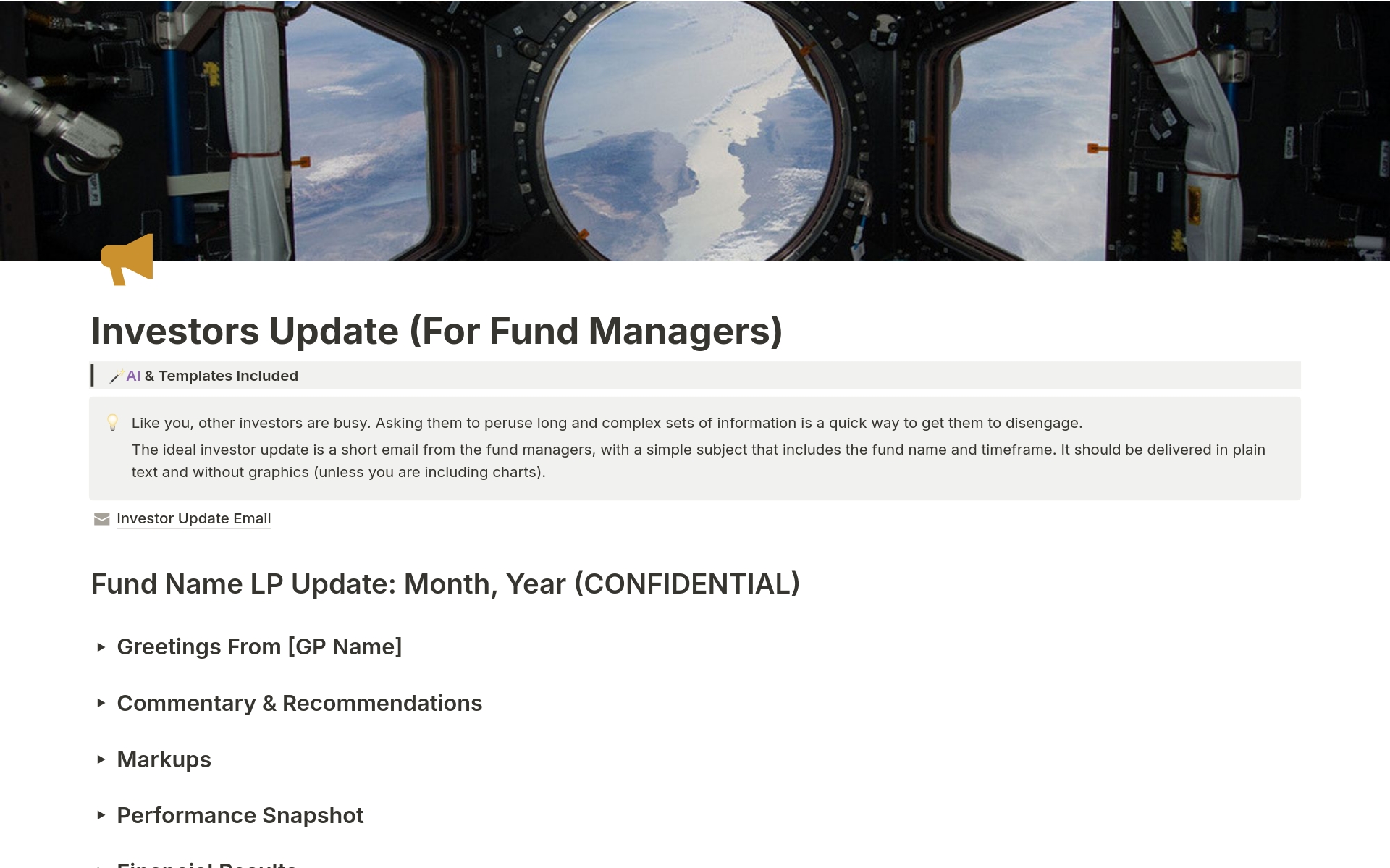 A template preview for Investors Update (For Fund Managers)