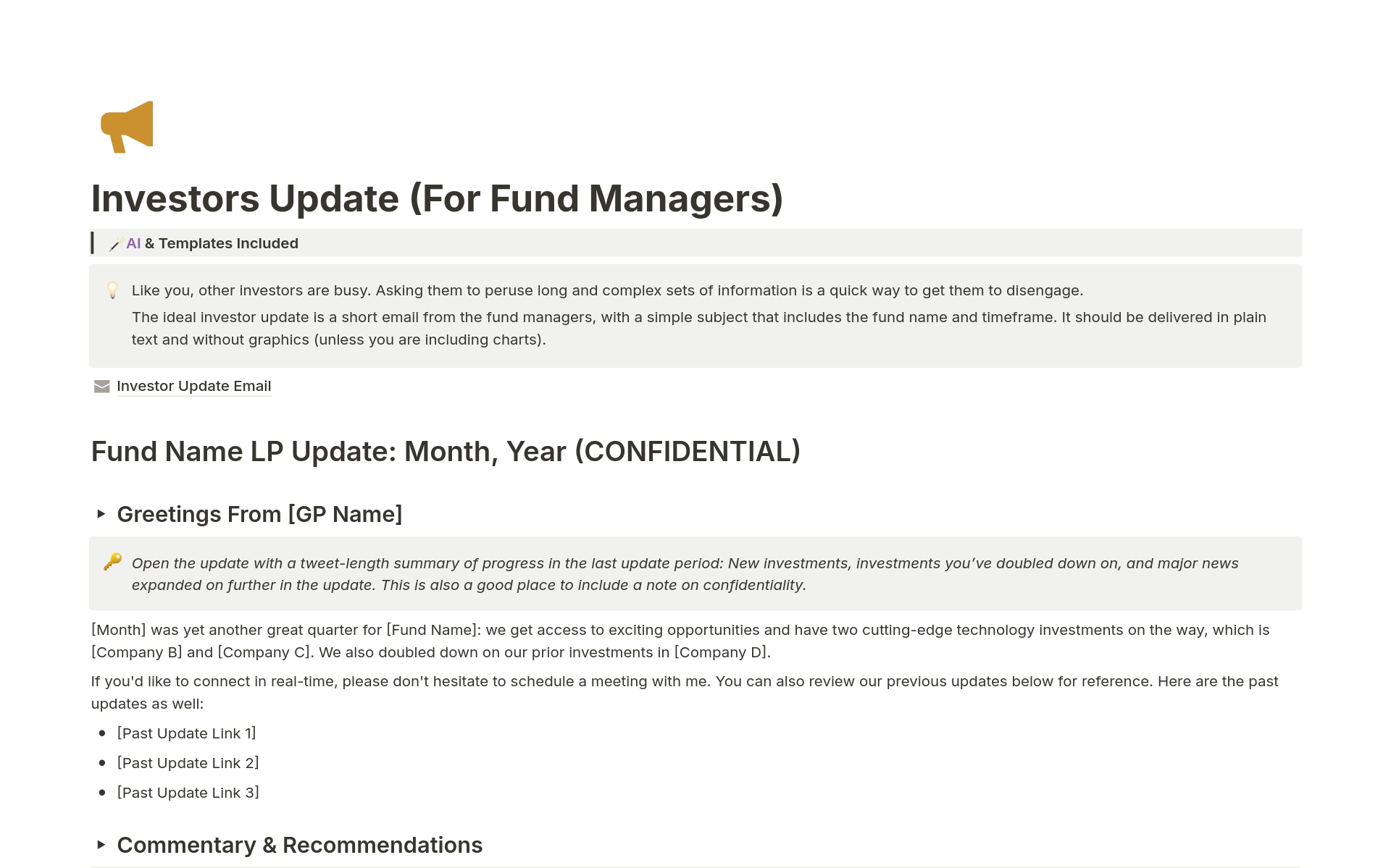 A template preview for Investors Update (For Fund Managers)