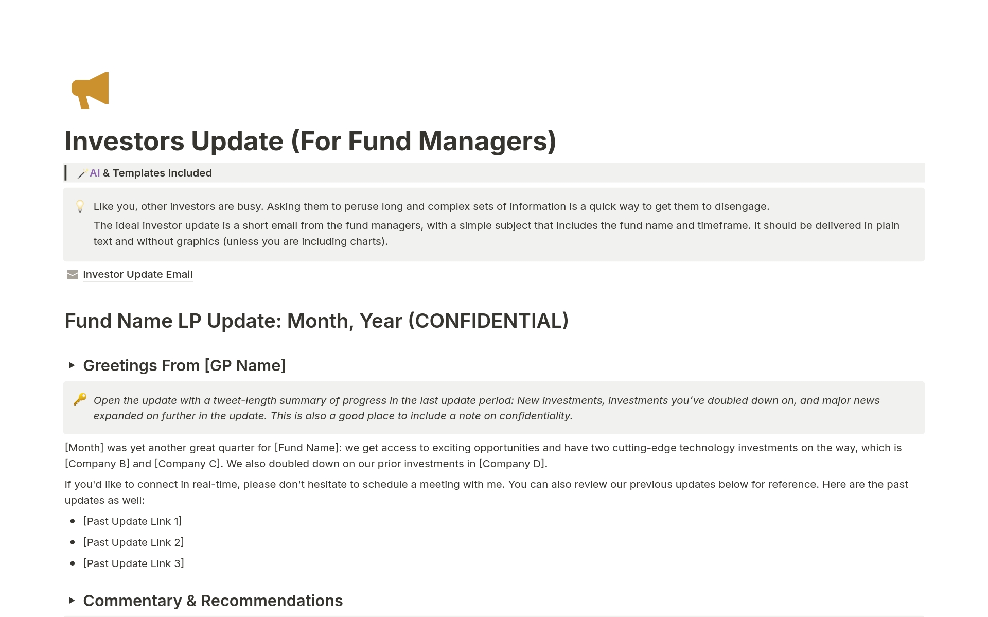 An FREE investors update Notion for a small- to medium-sized investment firm with available templates, spreadsheet and AI generator.