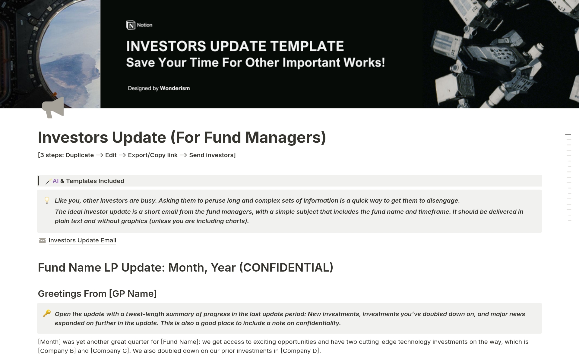 Investors Update (For Fund Managers) | Notion Template