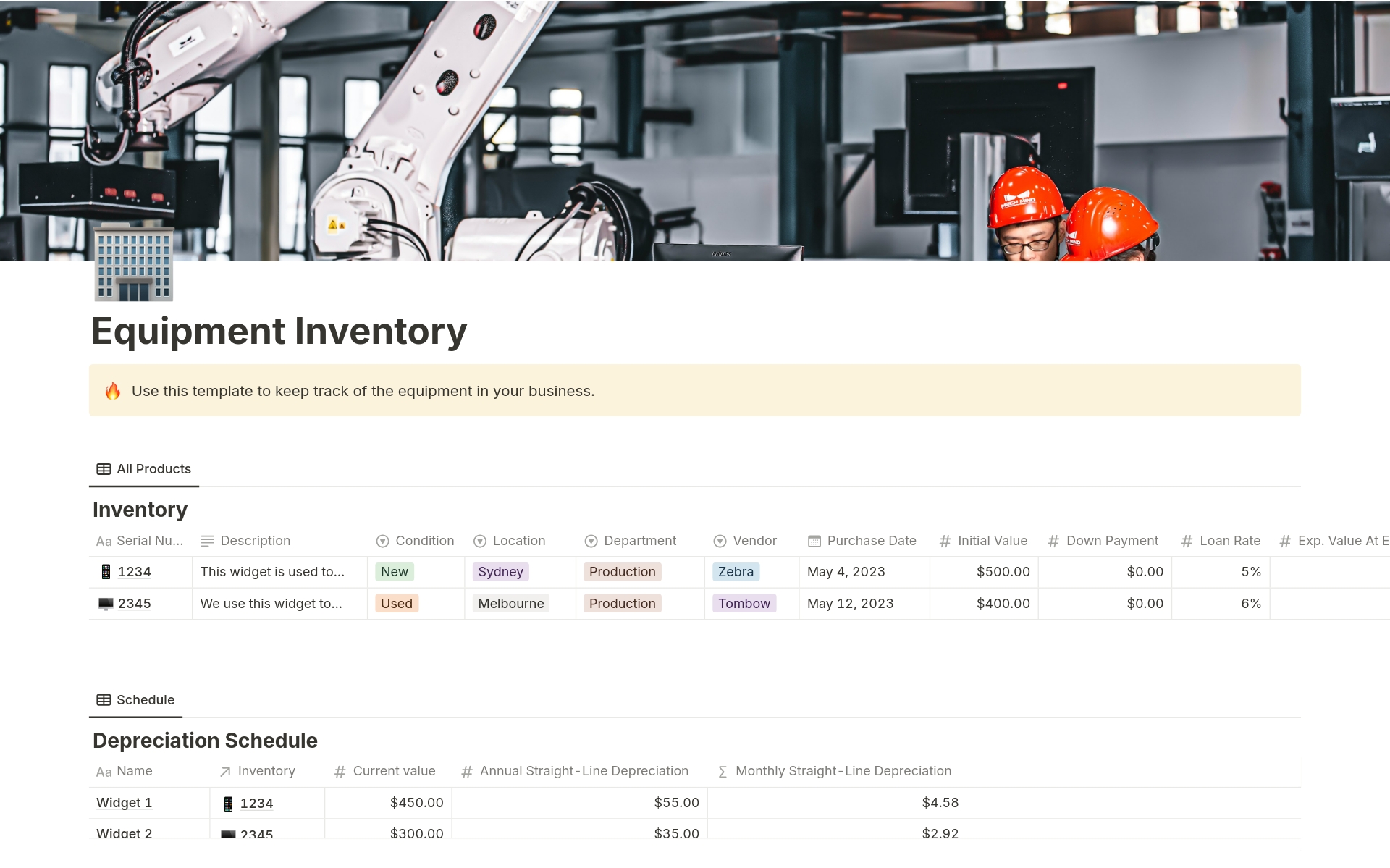 Vista previa de plantilla para Equipment Inventory