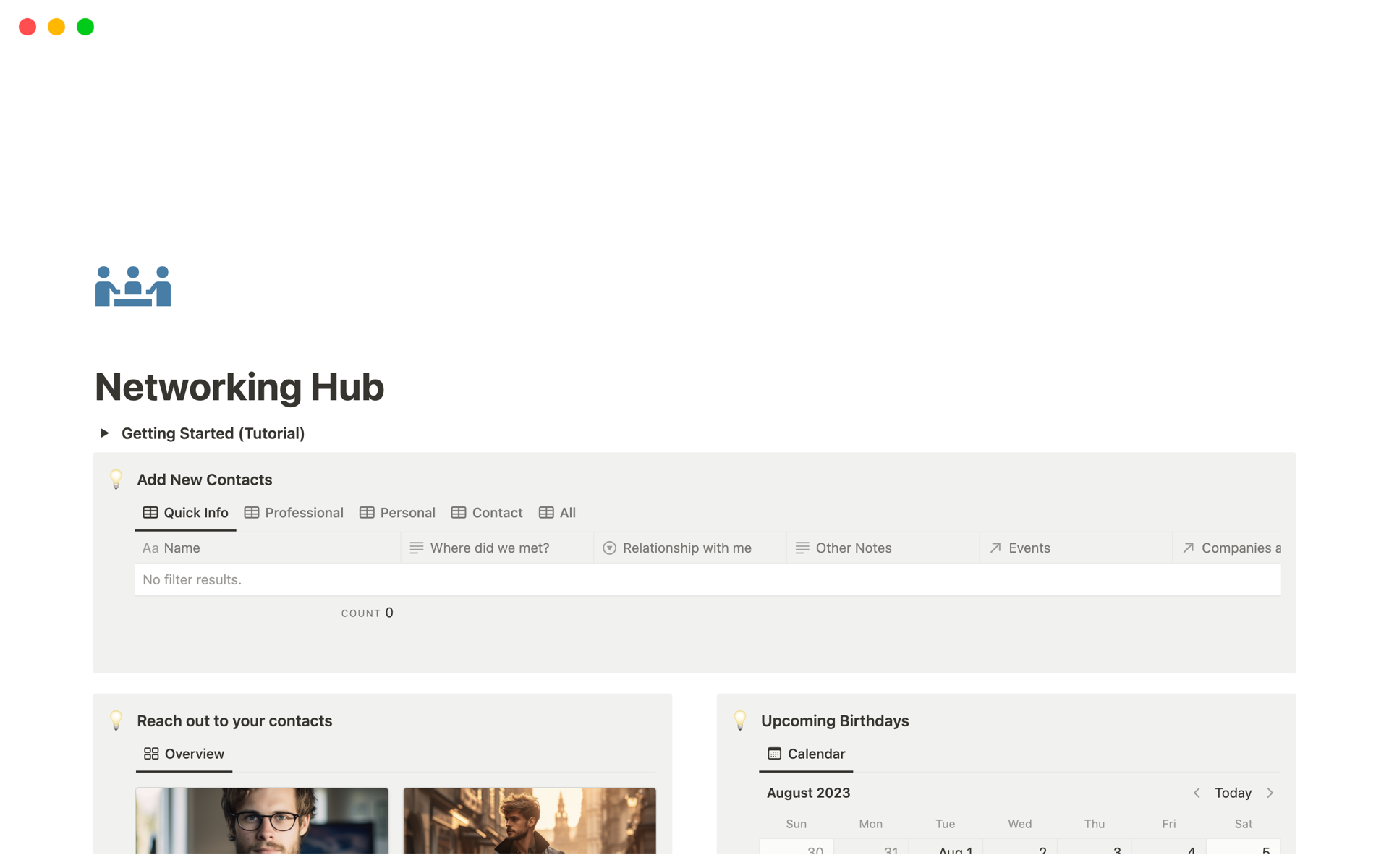 Vista previa de una plantilla para Networking Hub