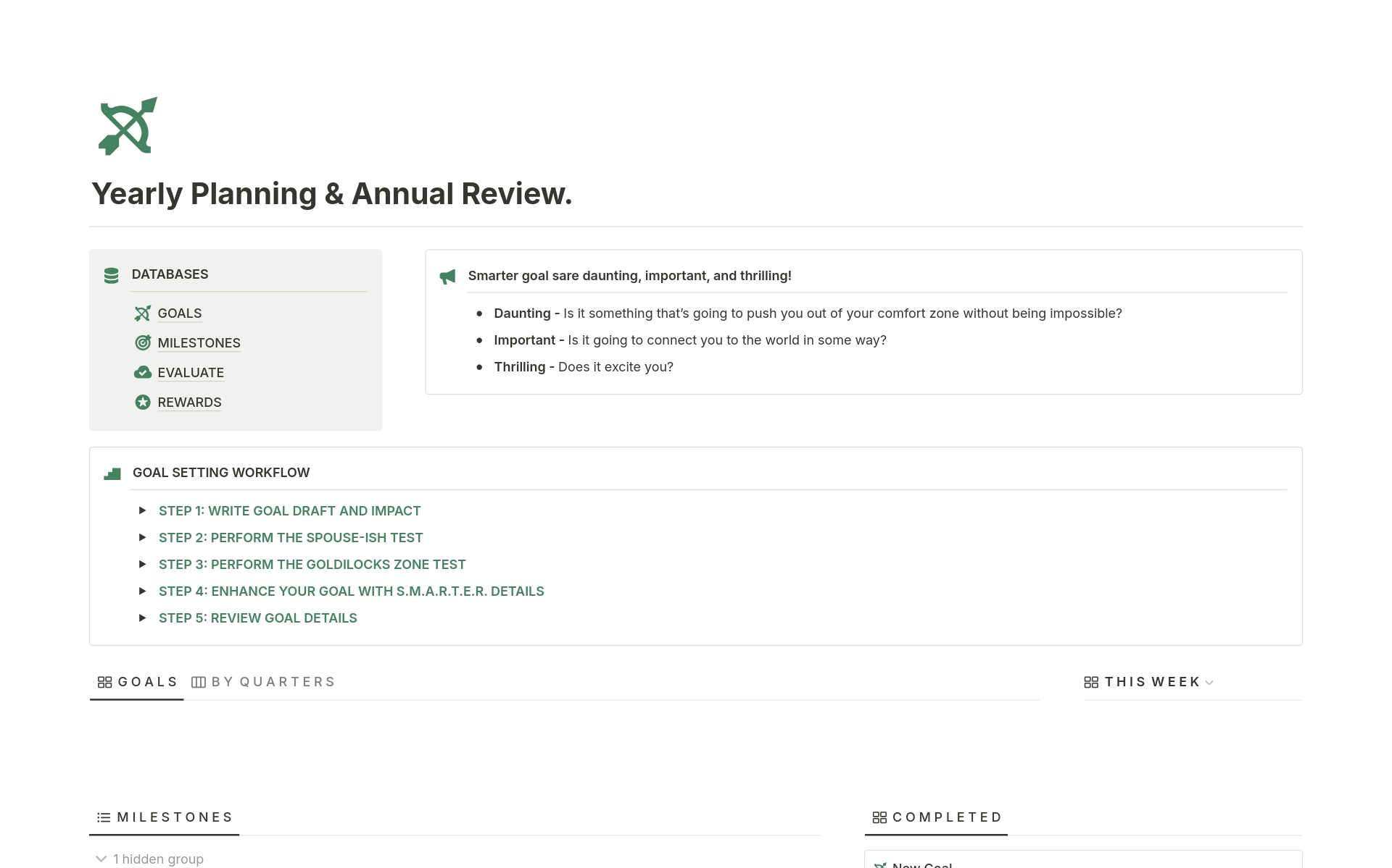 Vista previa de una plantilla para Yearly Planning & Annual Review.