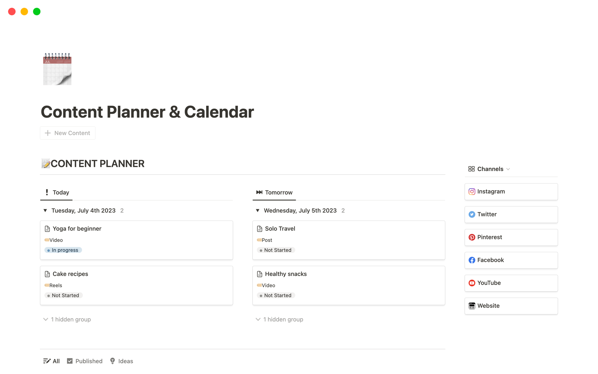 The Content Planner & Calendar template makes the content creation process more efficient that helps you plan and organize content across multiple channels.
