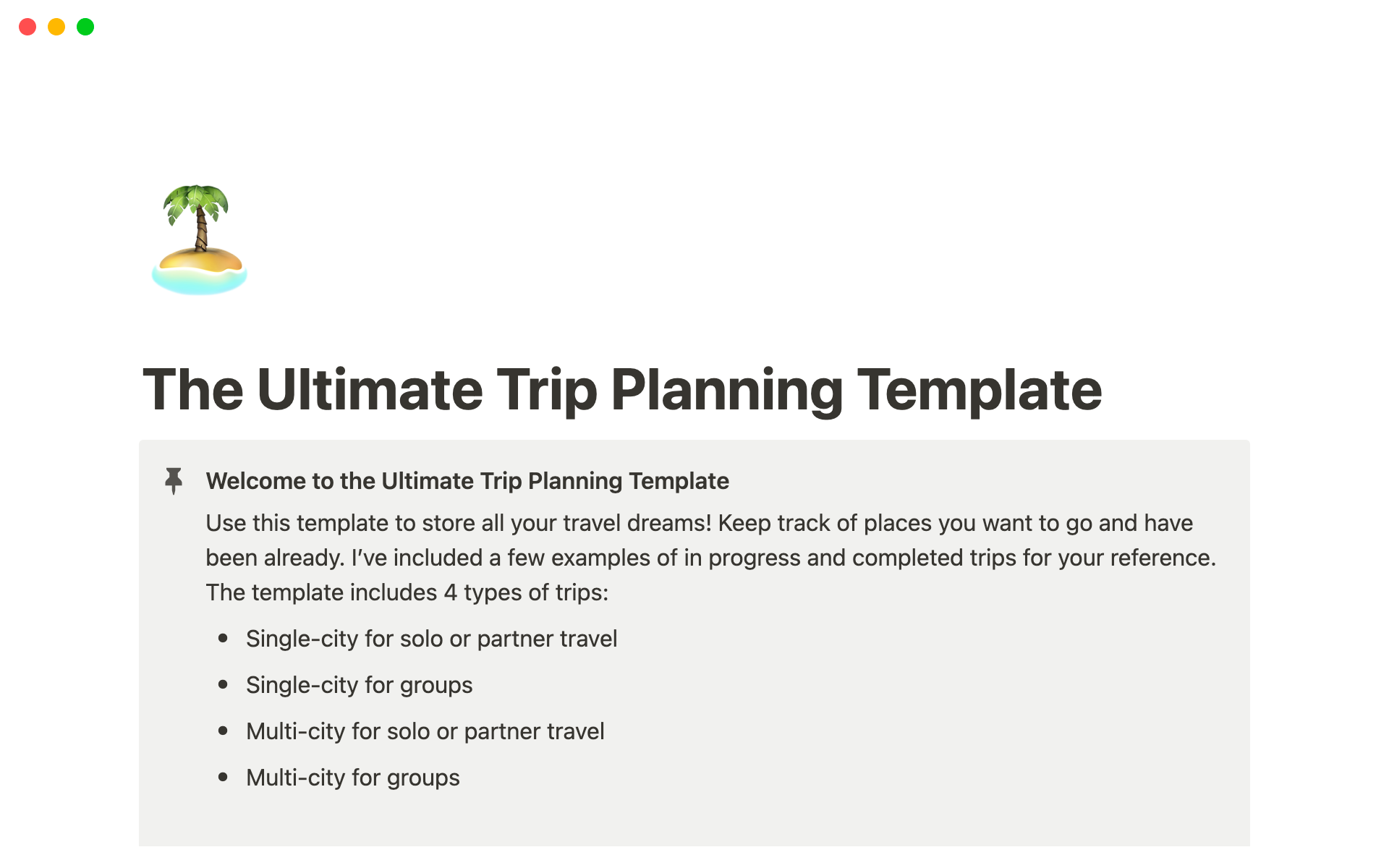 Uma prévia do modelo para The Ultimate Trip Planning Template