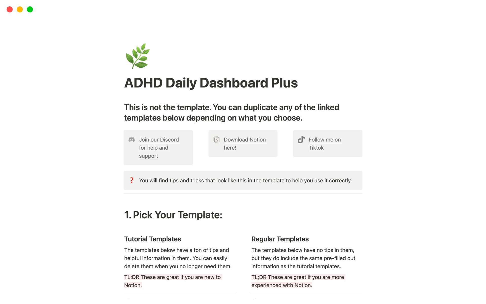 A template preview for Daily Dashboard Plus [ADHD]