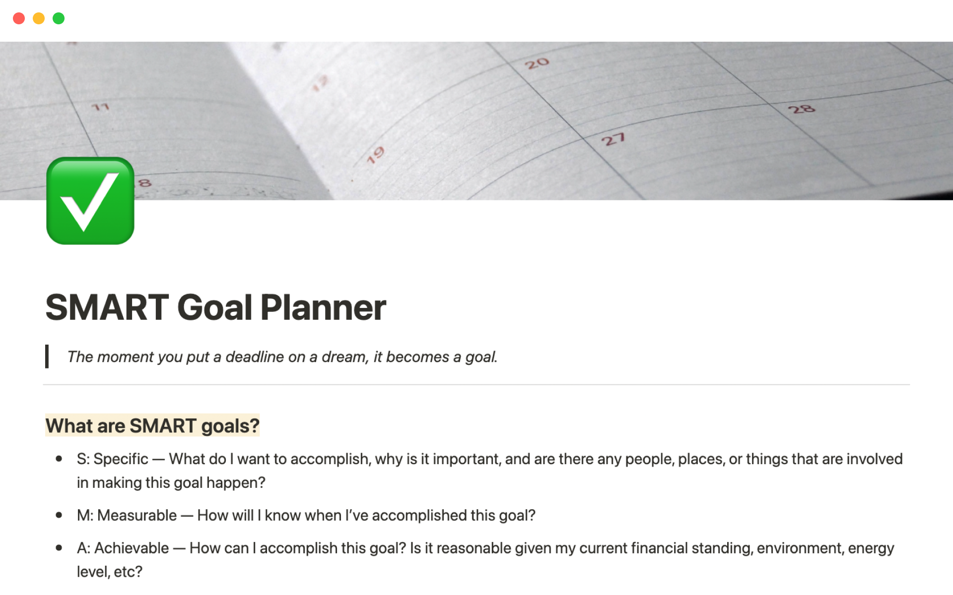 Vista previa de plantilla para SMART goal planner
