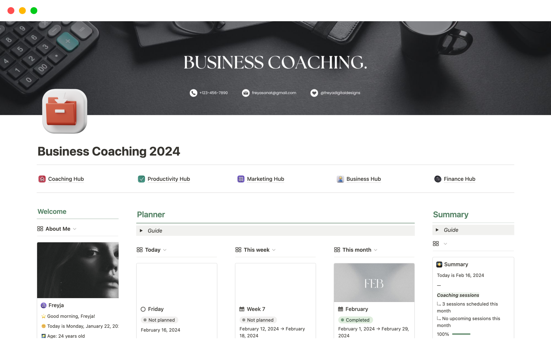 Vista previa de una plantilla para Business Coaching 2024