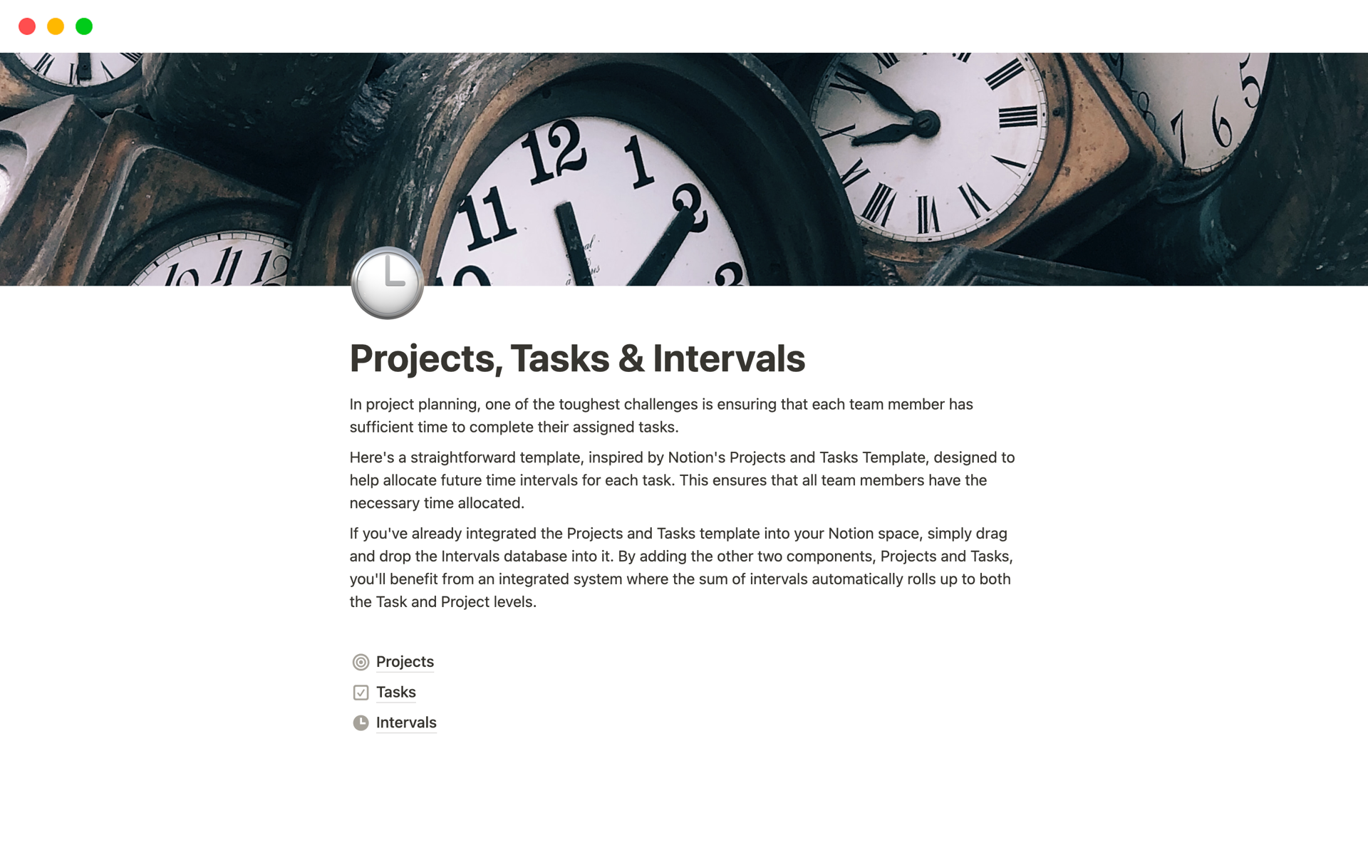 A template preview for Projects, Tasks & Intervals