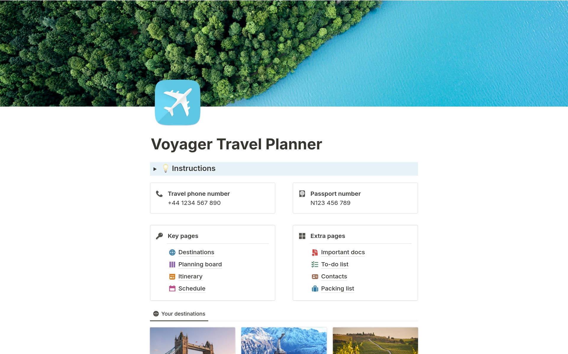 En förhandsgranskning av mallen för Voyager Travel Planner