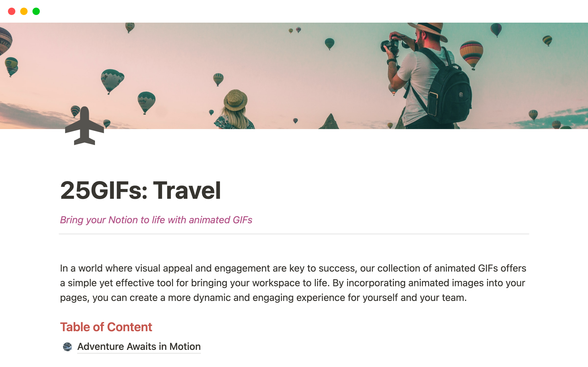 A template preview for Animated GIFs for Notion
