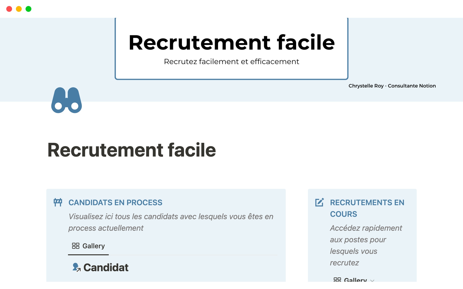 A template preview for Recrutement facile