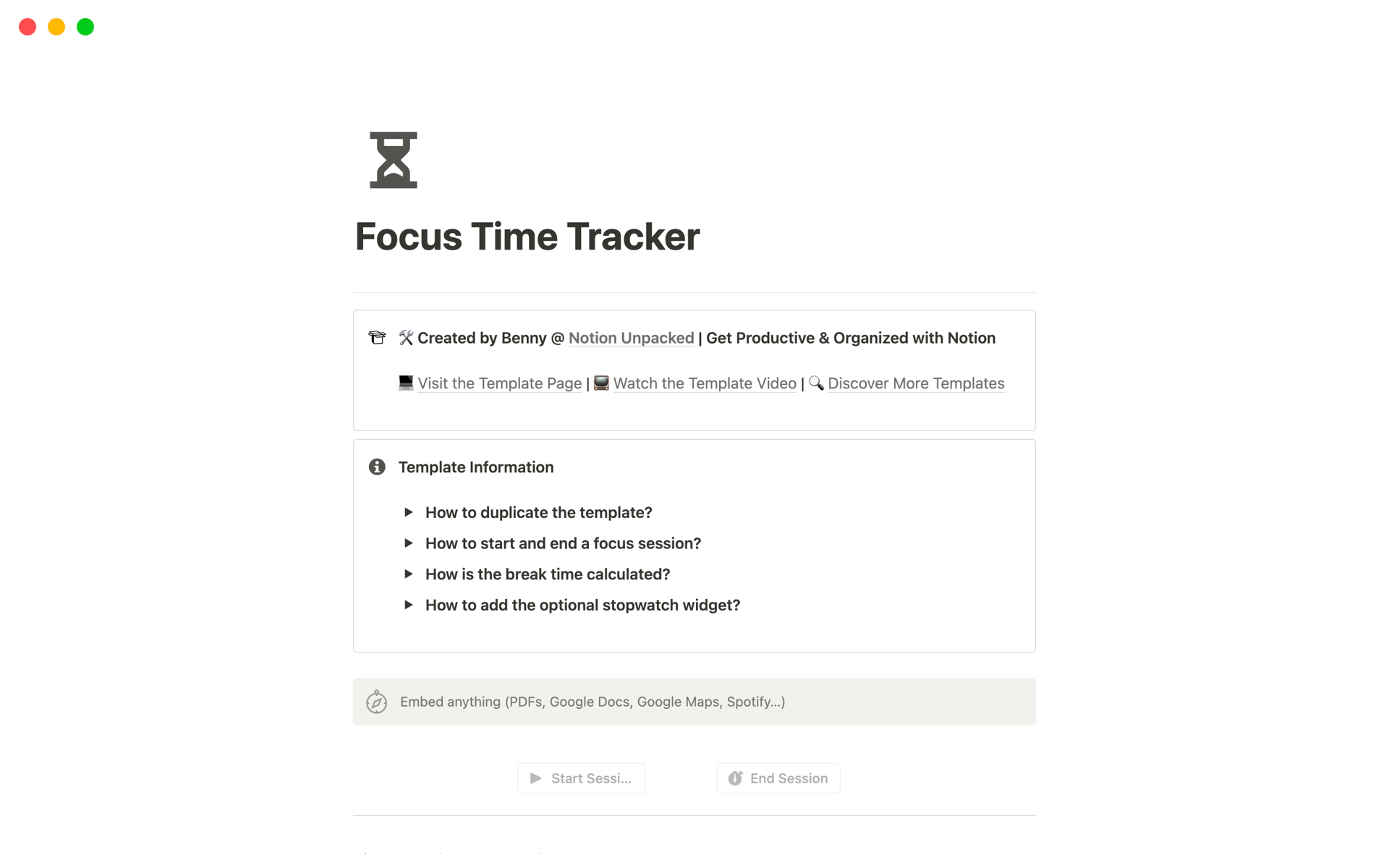 Focus Time Tracker by Benny Builds It Notion Template