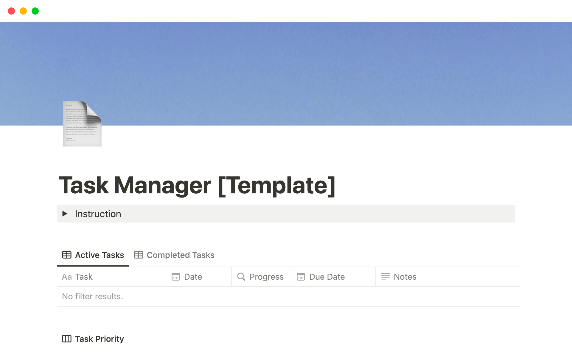 Stay organized and supercharge your productivity with this task manager template that offers task lists, task priority, a visual progress bar, and the capability to break down tasks into subtasks, making it simple to organize, manage, and track your tasks.