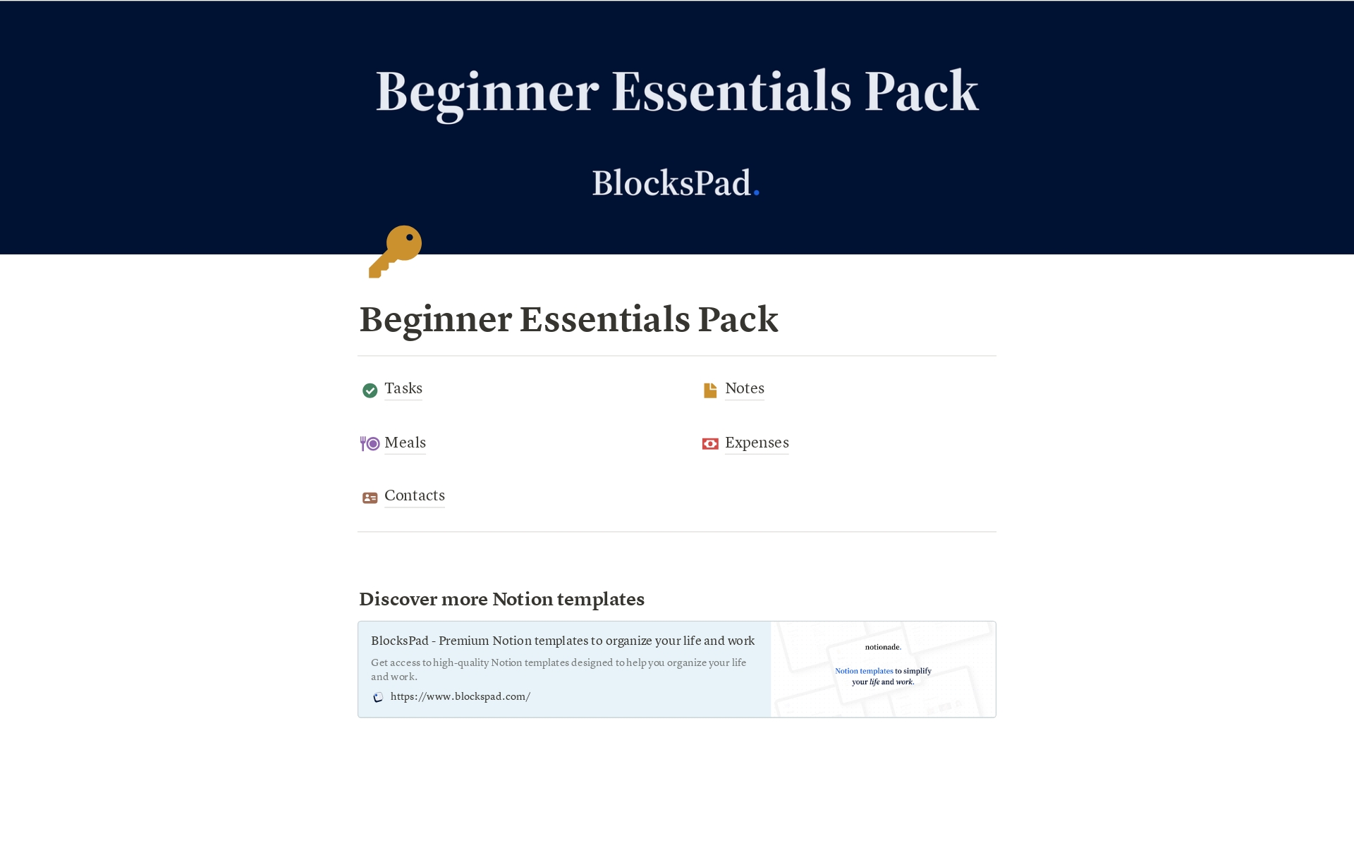 En förhandsgranskning av mallen för Beginner Essentials Pack