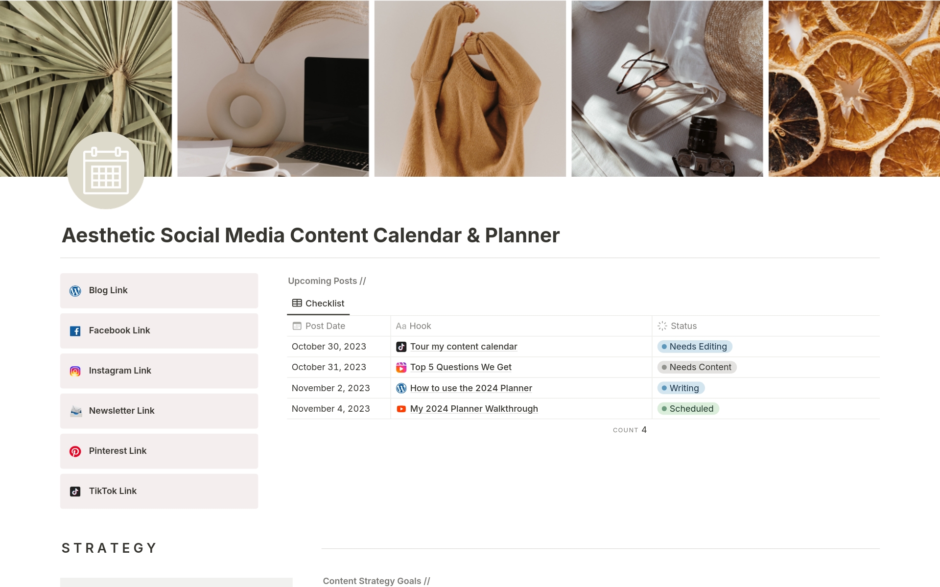 A template preview for Aesthetic Social Media Content Calendar & Planner
