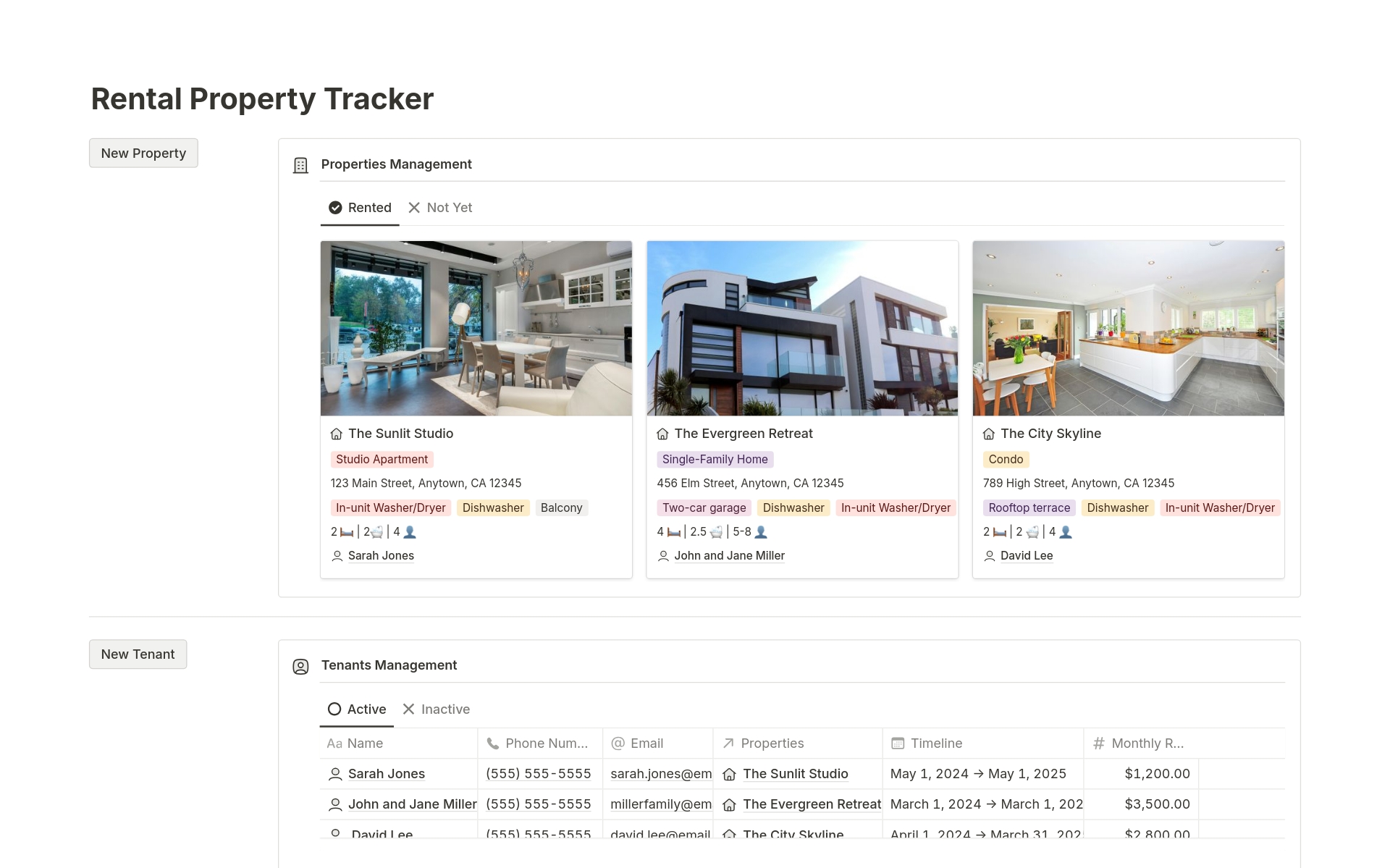 Vista previa de plantilla para Rental Property Tracker